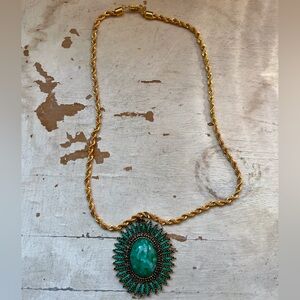 Vintage Avon Big Oval Faux Turquoise & Gold Necklace Cabochon Stone & Chain